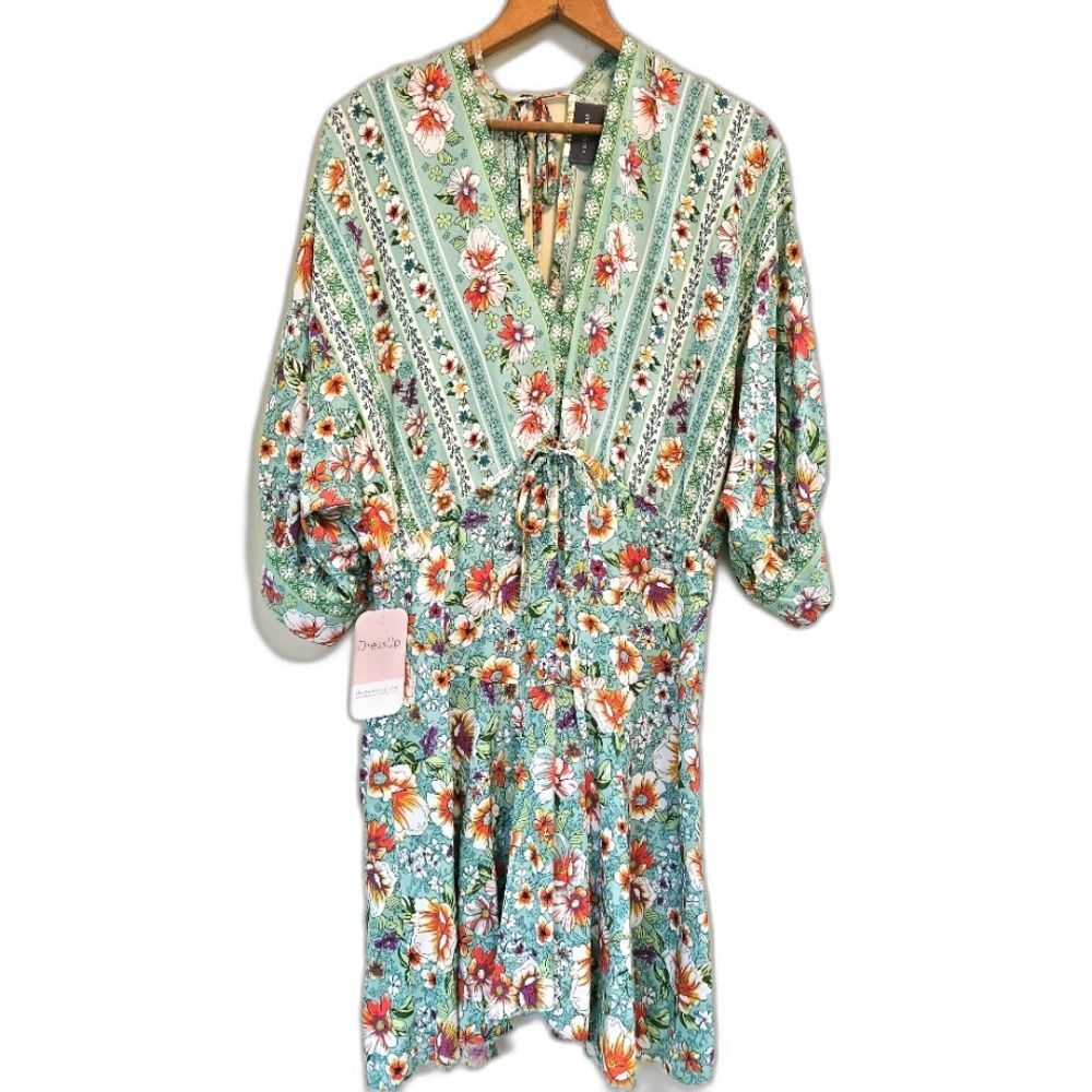 NWT Hudson Gray Women Dress Sz M Green Floral Asymmetrical 3/4 Sleeves Flowy